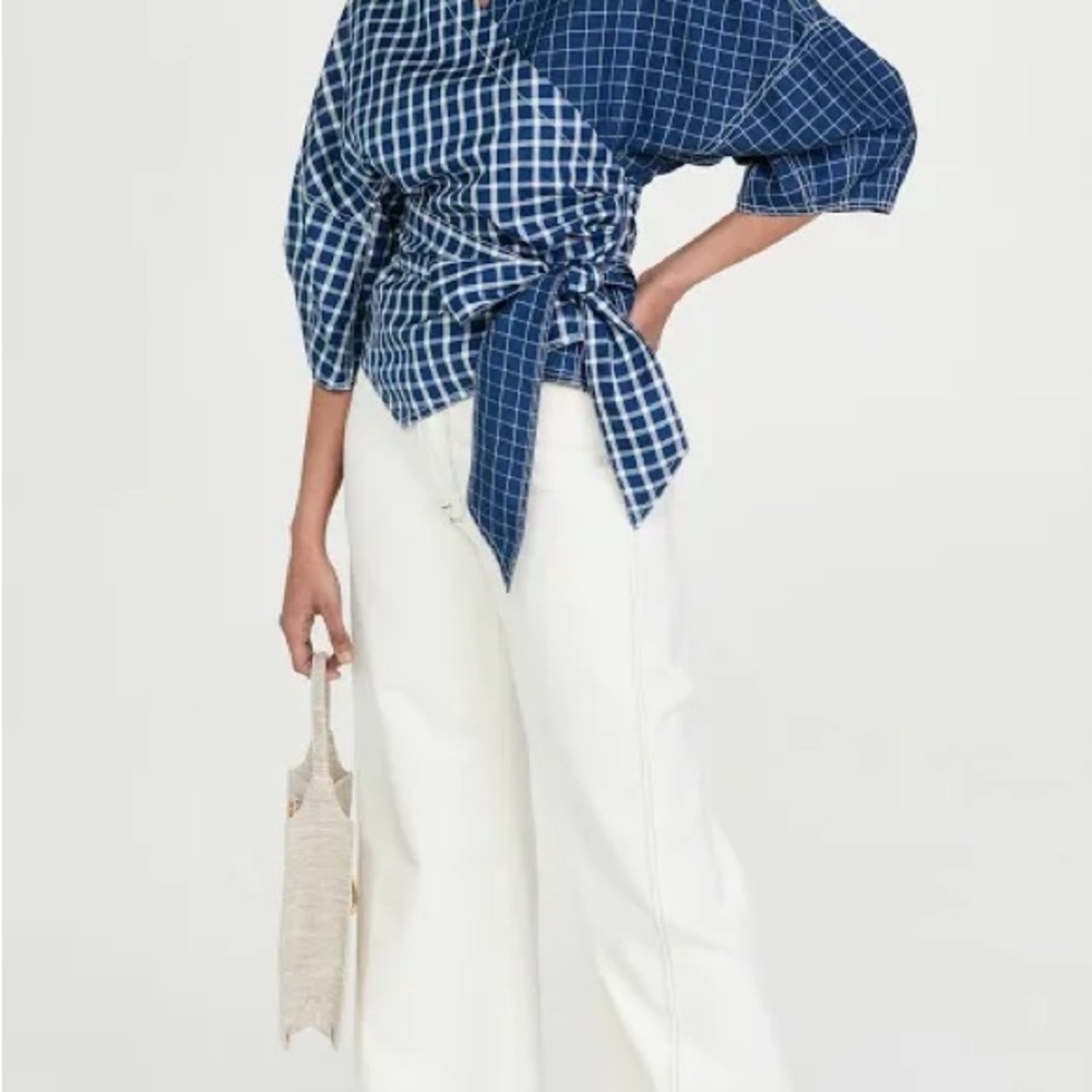 NWT Tory Burch Blue and White Plaid Wrap Top